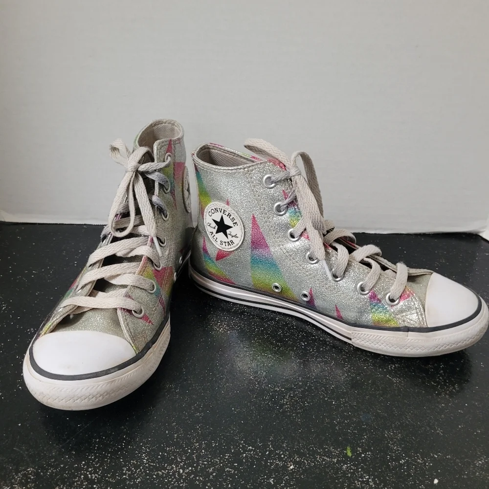 Converse Silver High-Top Sneakers with Rainbow Accents